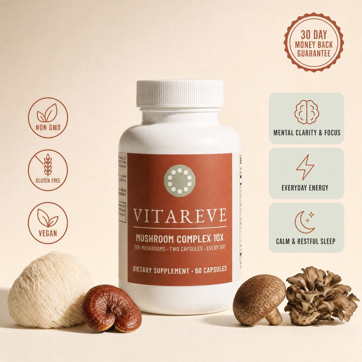 Vitareve Mushroom Complex 10X bottle with a 30-day money-back guarantee seal — ten mushrooms, mental clarity and focus, everyday energy, calm restful sleep