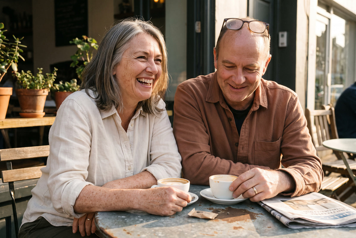 A couple in their fifties laughing over coffee