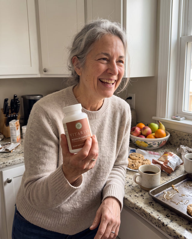 Linda, 60, holding a bottle of Vitareve Mushroom Complex 10X in her kitchen
