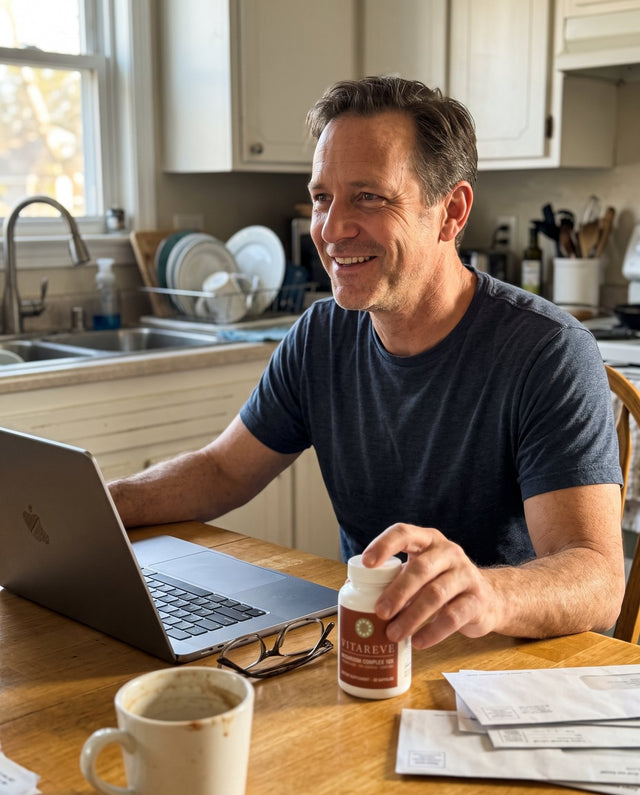 David, 48, at his kitchen table with a laptop and a bottle of Vitareve Mushroom Complex 10X