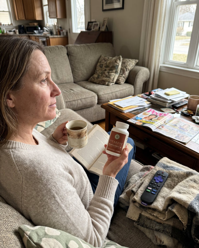 Sarah, 49, reading with a cup of coffee and a bottle of Vitareve Mushroom Complex 10X