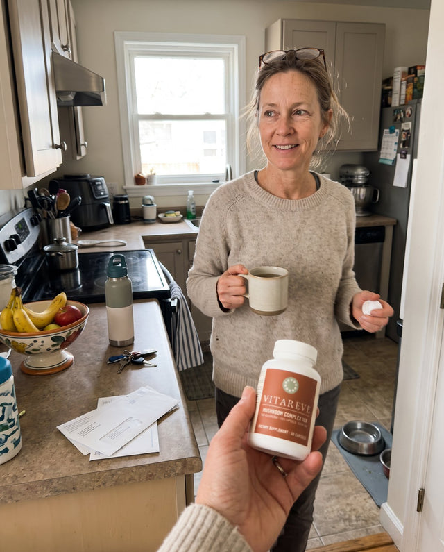 Karen, 52, in her kitchen with a mug and a bottle of Vitareve Mushroom Complex 10X